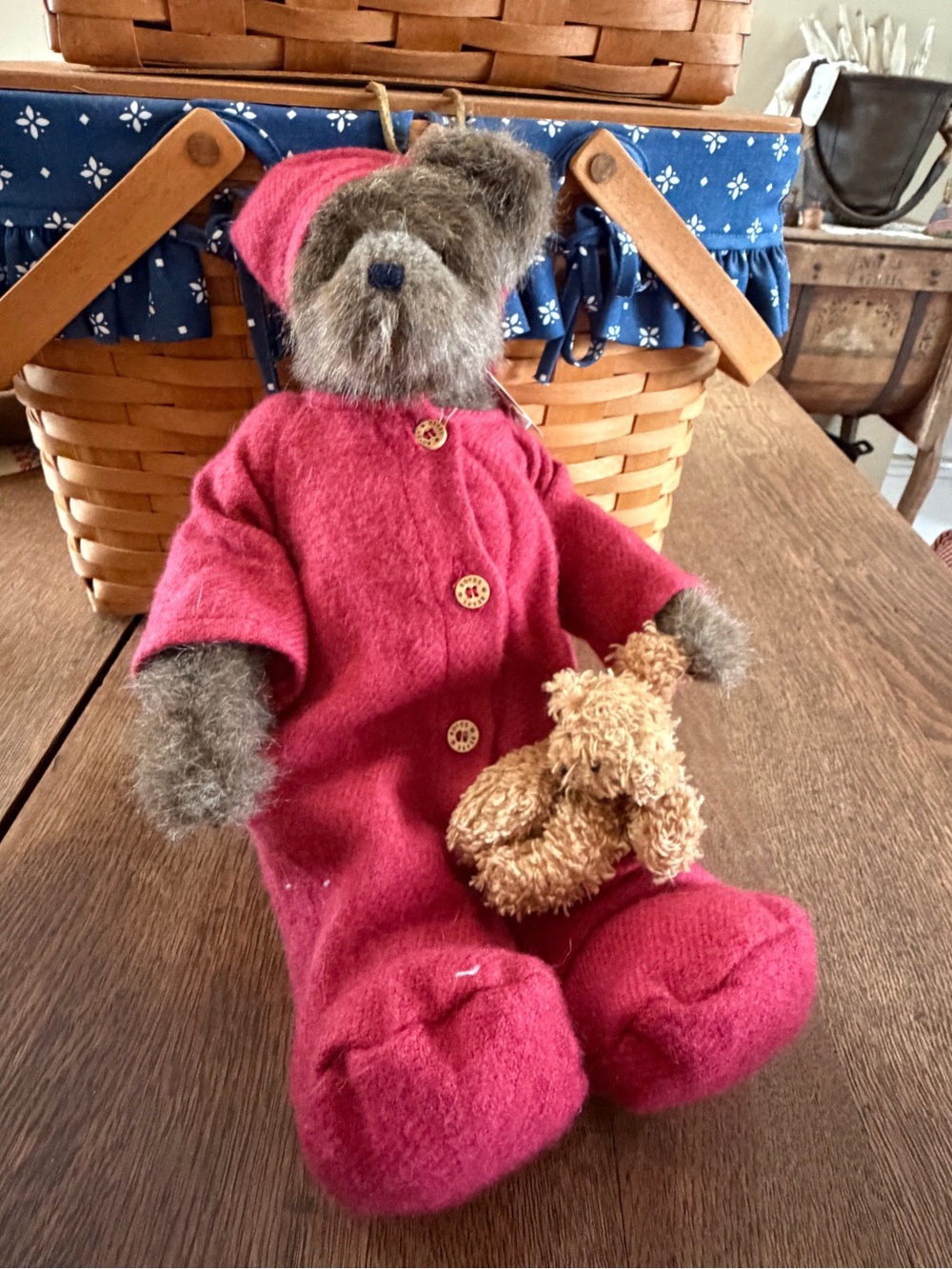 Boyds Bears Brown Plush Wearing Wine-Red Hat and Pajamas